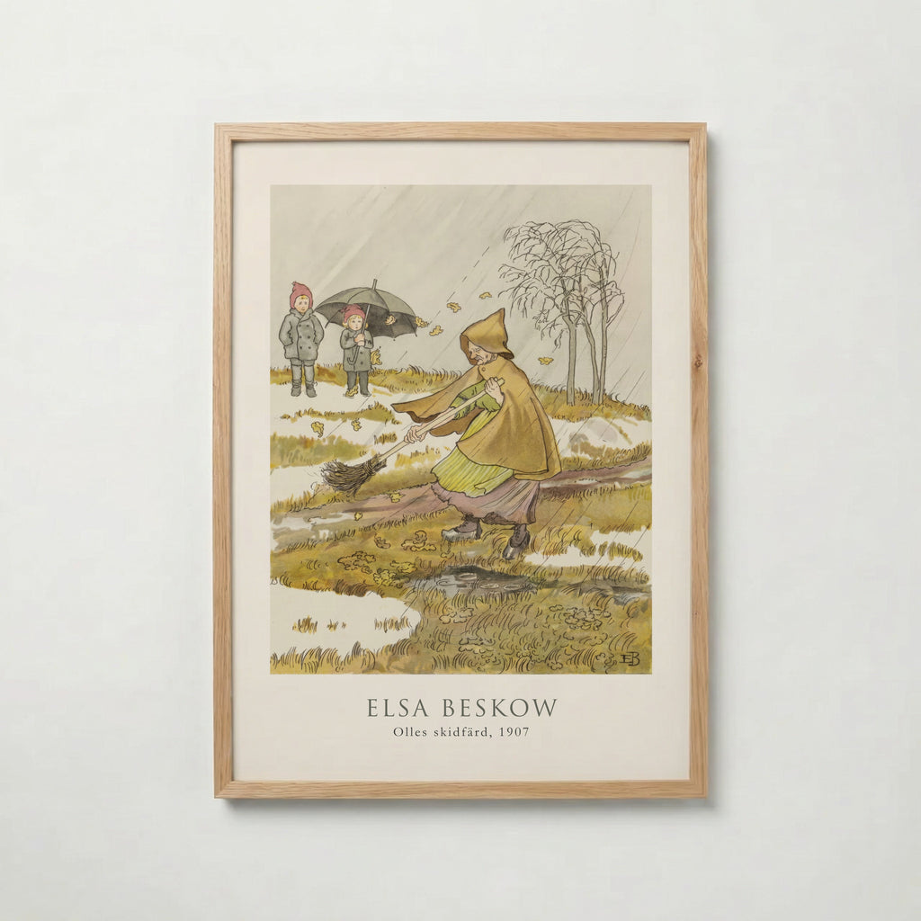 Elsa Beskow Olles Skidfärd 1907 affisch i ljus ekram med naturligt träutseende – Bozetto