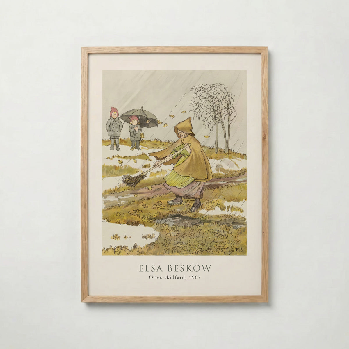 Elsa Beskow Olles Skidfärd 1907 affisch i ljus ekram med naturligt träutseende – Bozetto